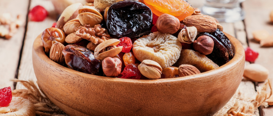 Mix of dried fruits, seeds, nuts, and peanuts